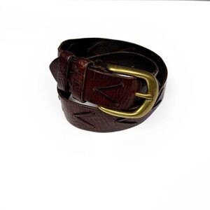 Express Brown Italian Leather Belt Gold Buckle Stitch Detail Small